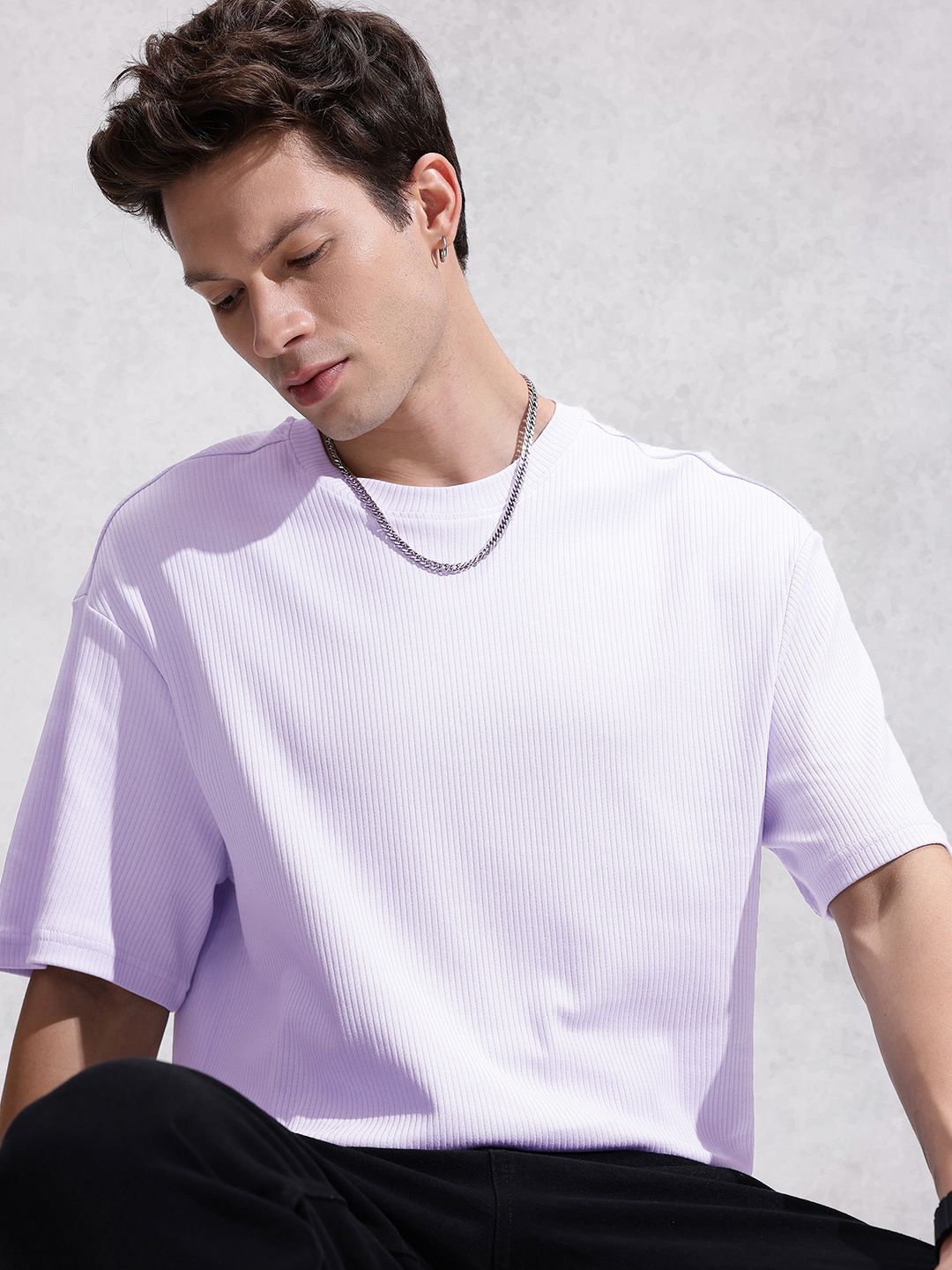 WROGN Oversized Fit Self Design Textured Pure Cotton T-shirt
