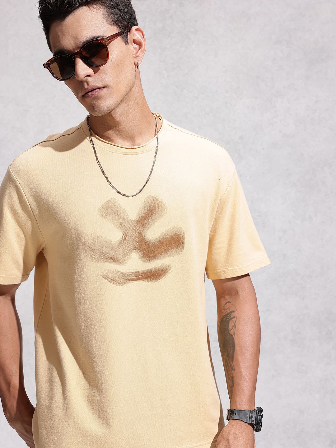 WROGN Brand Logo Printed Drop-Shoulder Sleeves Pure Cotton Oversized Fit T-shirt