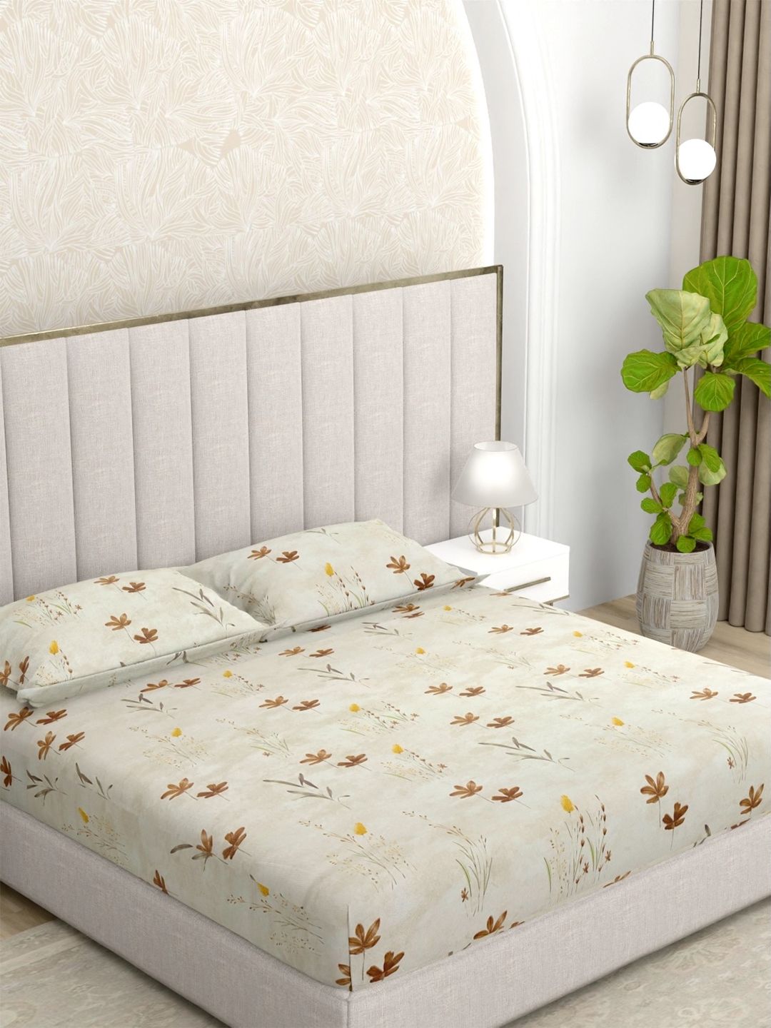 Pure Decor Pure Decor Velar Fur Sib Brown Floral Pure Cotton 240 TC King Superfine Bedsheet with 2 Pillow Covers-108 x 108 inches