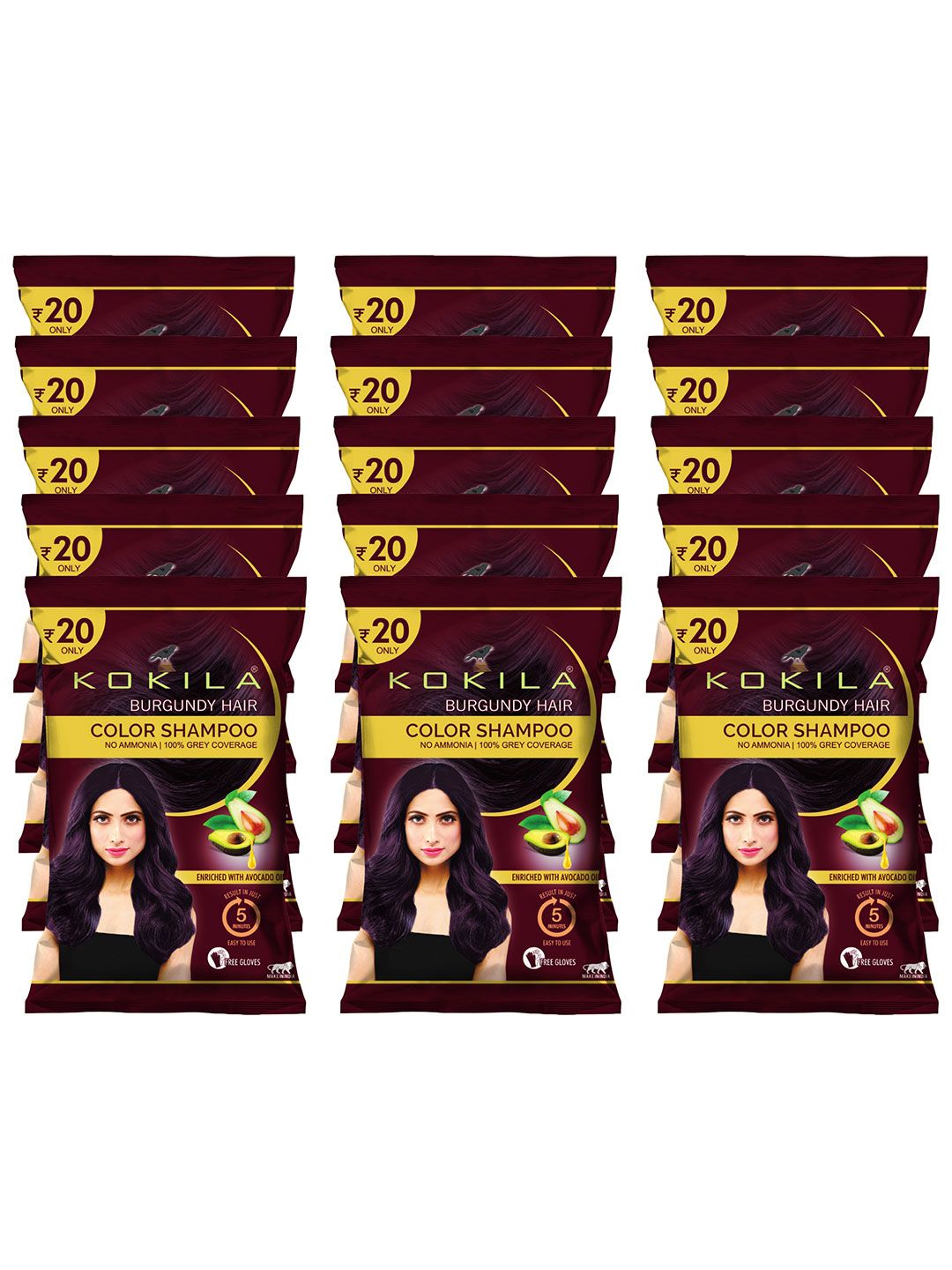 KOKILA KOKILA Set Of 15 Hair Colour Shampoo Sachet With Avocado Oil - 15 ml Each - Burgundy