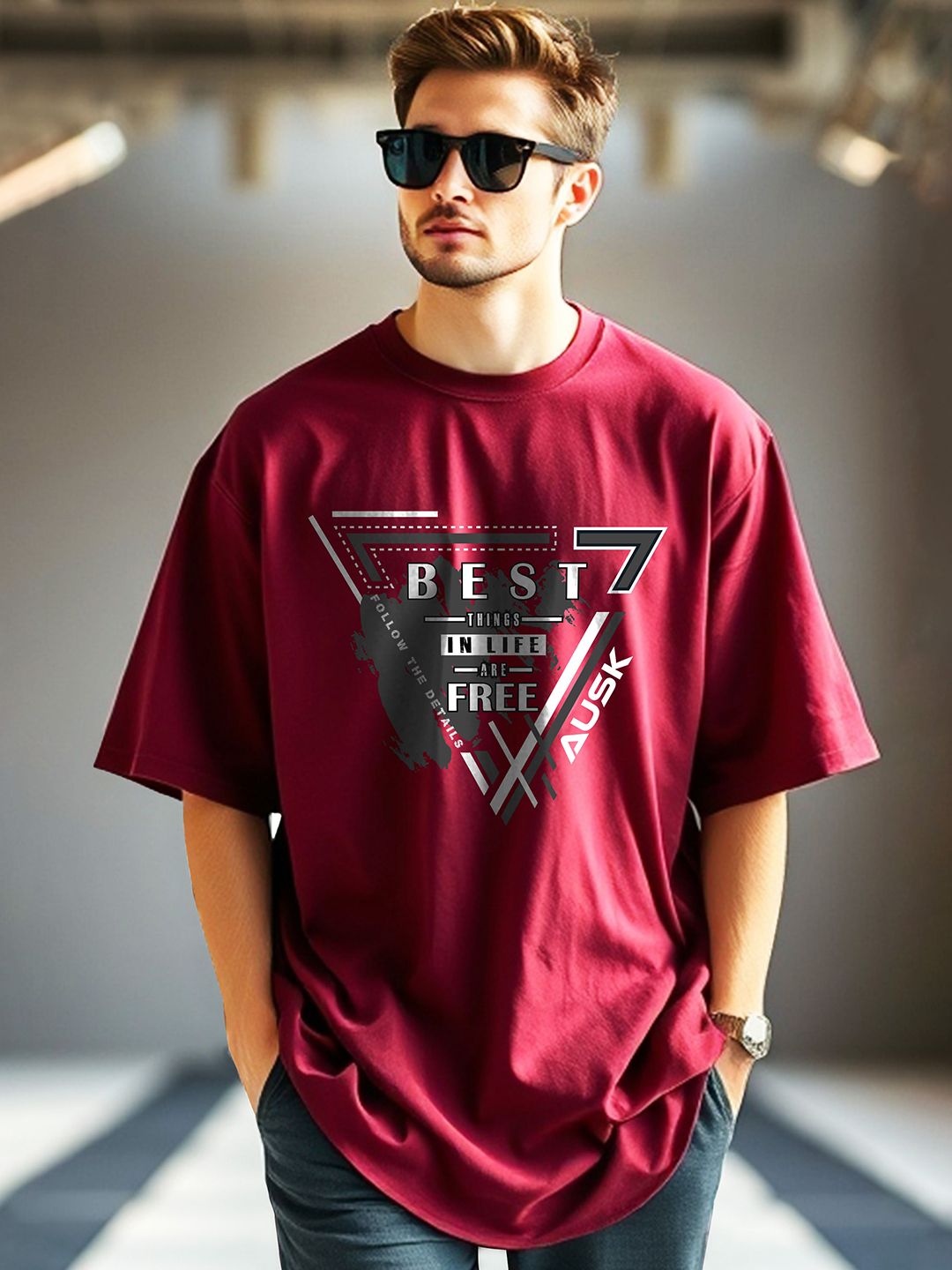 AUSK Men Typography Printed Cotton Oversized T-shirt