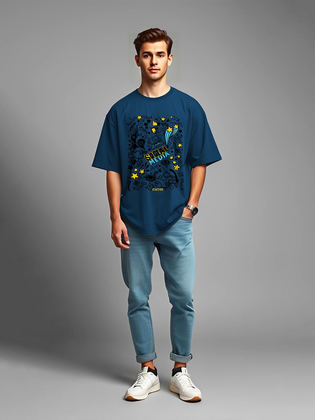 AUSK Men Graphic Print Casual Cut Outs Oversized T-shirt
