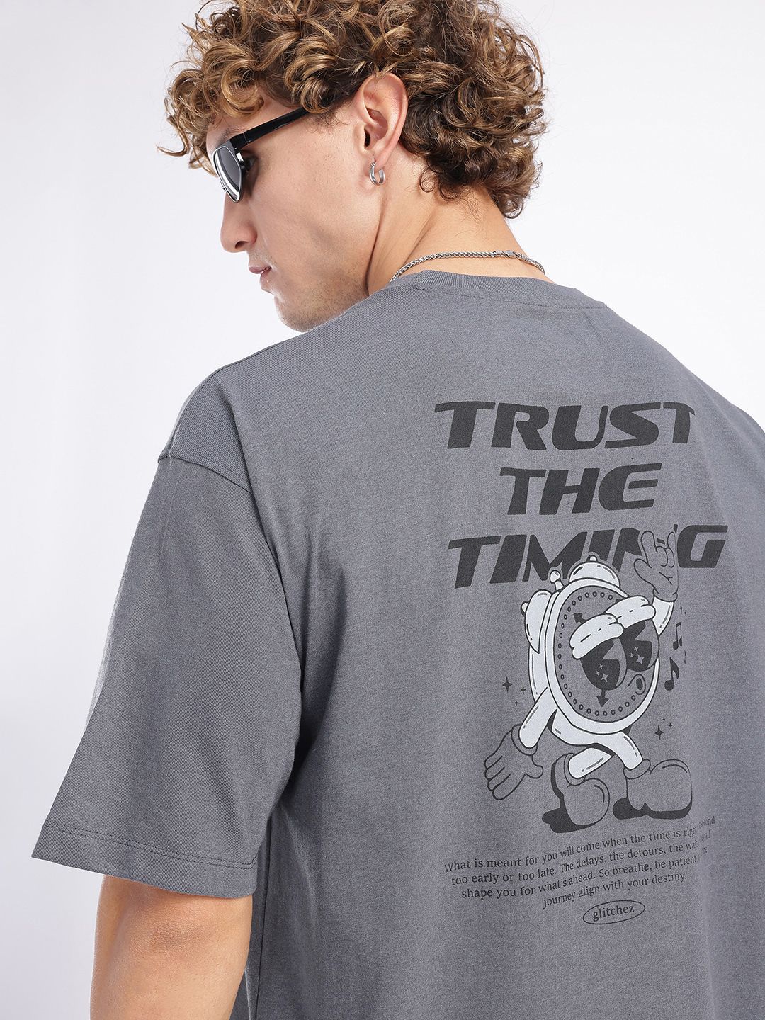 glitchez Typography Printed Oversized T-shirt with Drop-Shoulder Sleeves