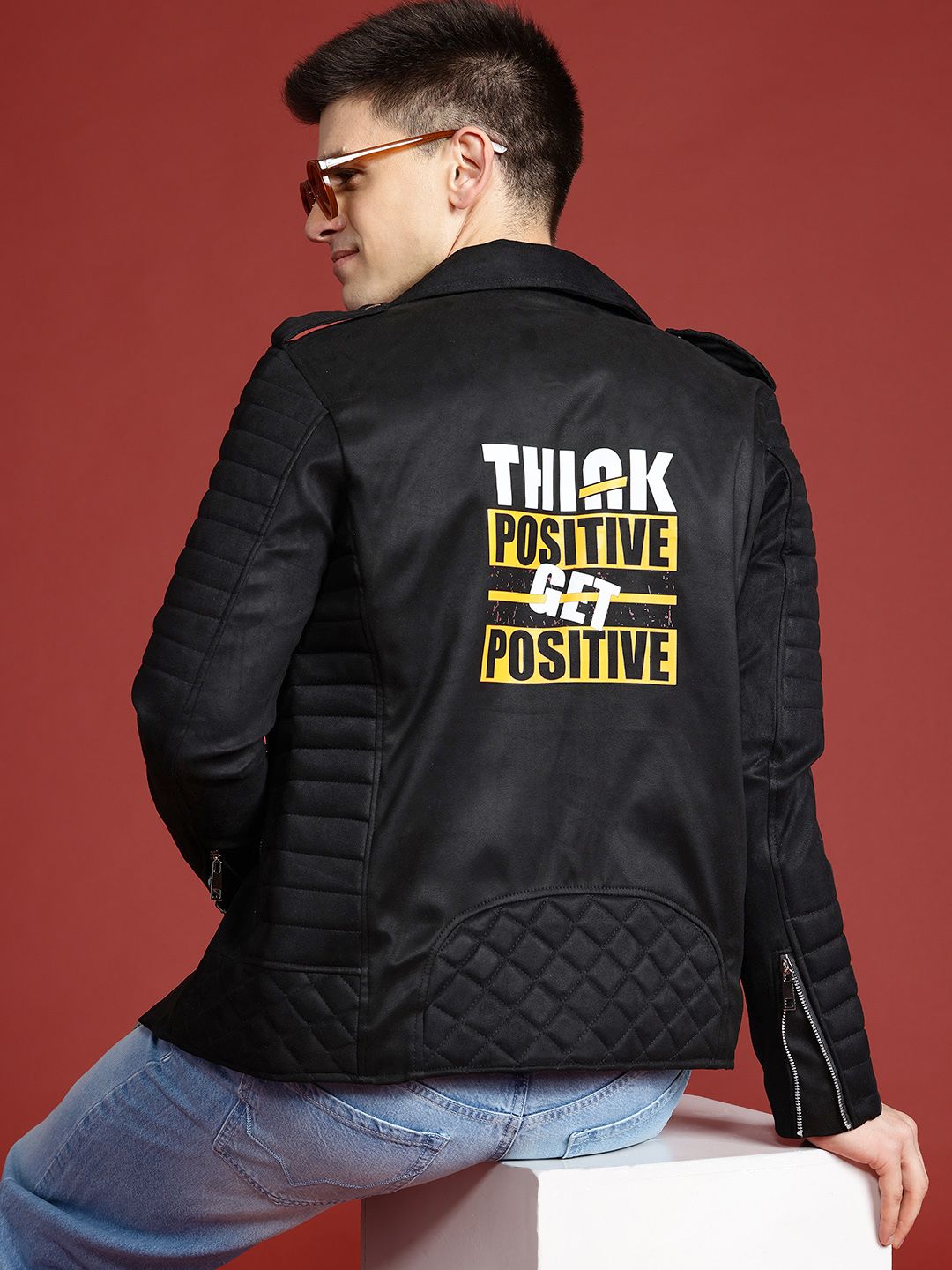 Leather Retail Typography Printed Suede Faux Leather Jacket