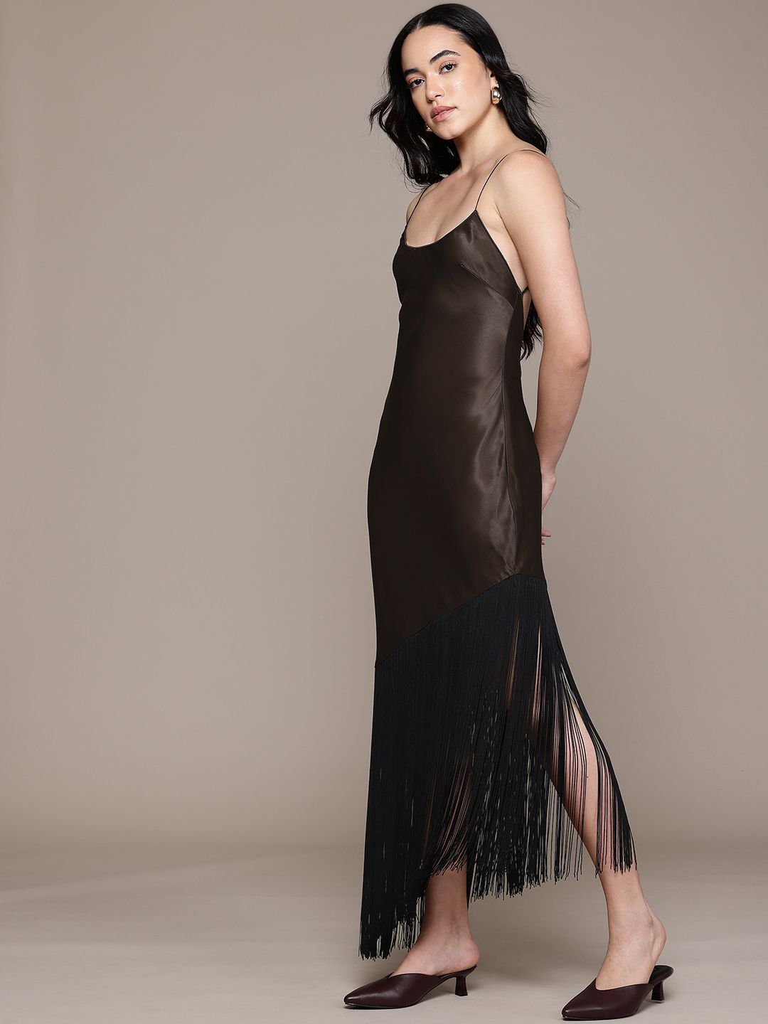 Satin Backless Fringed Midi Dress