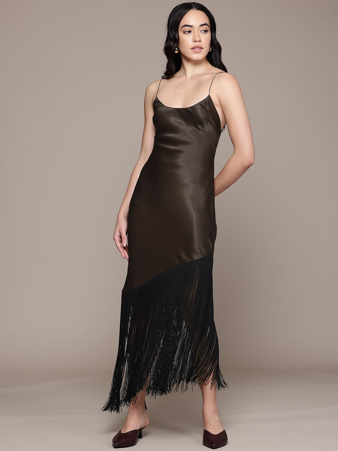 Satin Backless Fringed Midi Dress