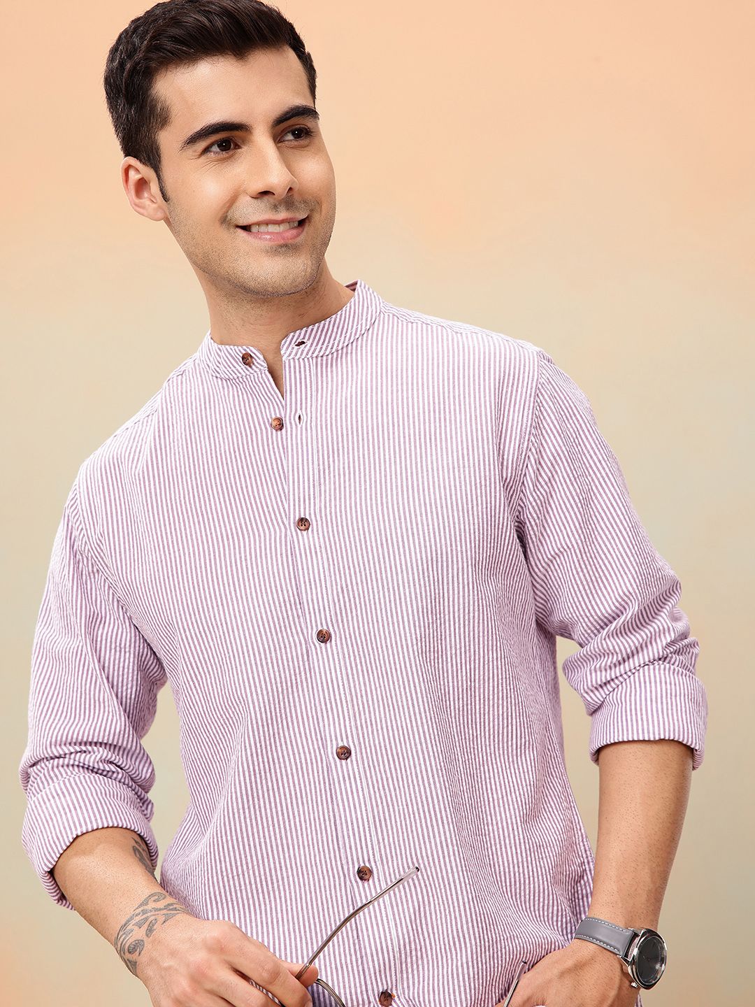 Mast & Harbour Men Standard Striped Mandarin Collar Pure Cotton Casual Shirt