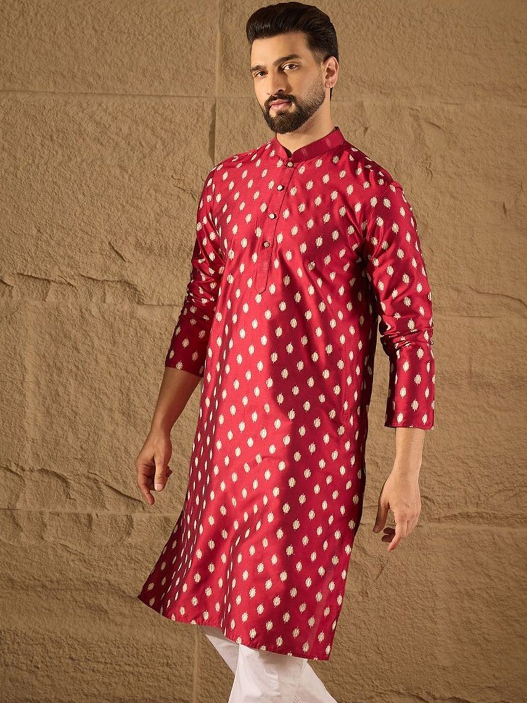 House of Pataudi Ikat Printed Mandarin Collar Silk Straight  Kurta