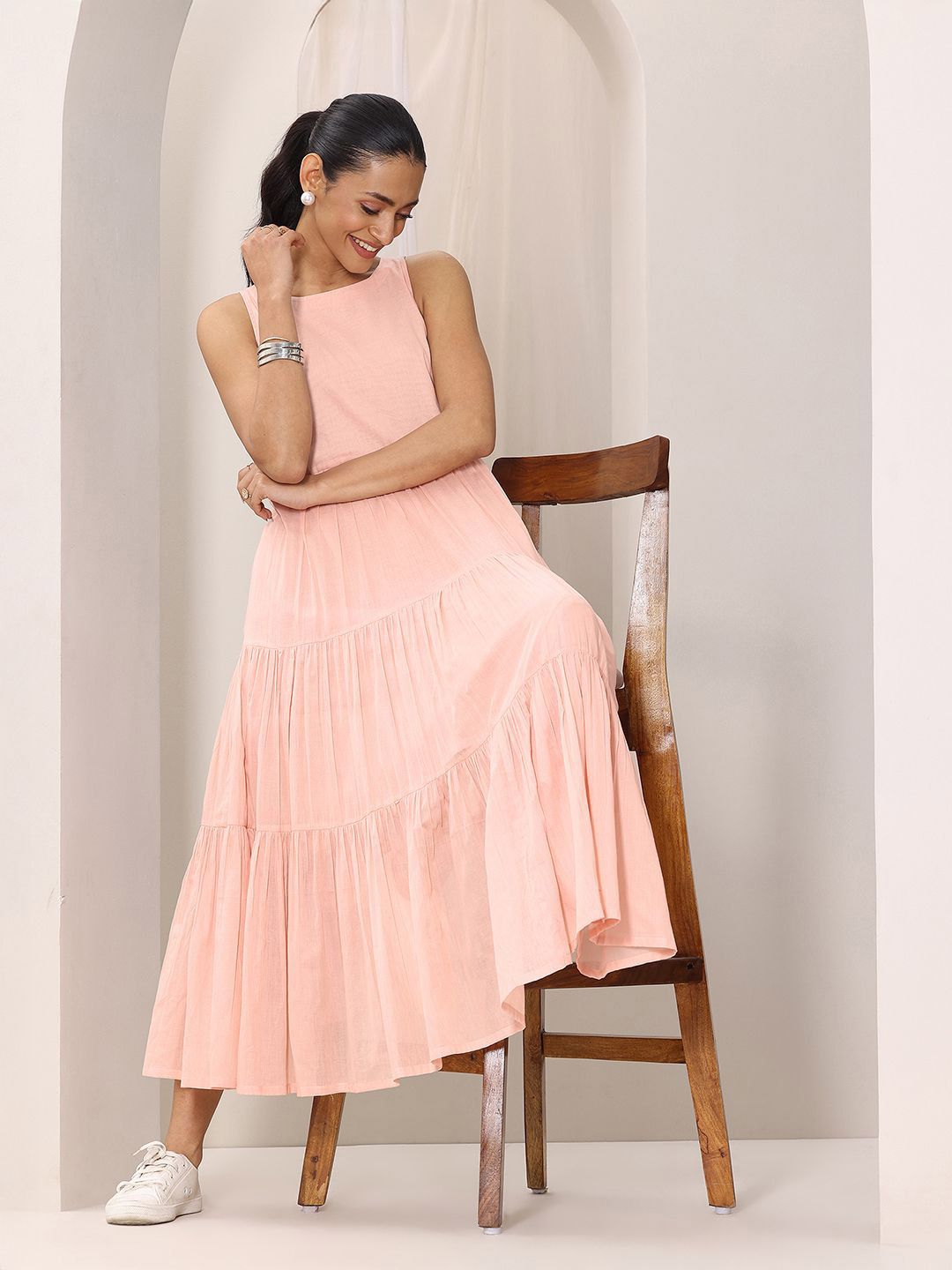 Peach Solid Fit And Flare Dress - Buy Peach Solid Fit And Flare Dress  online in India