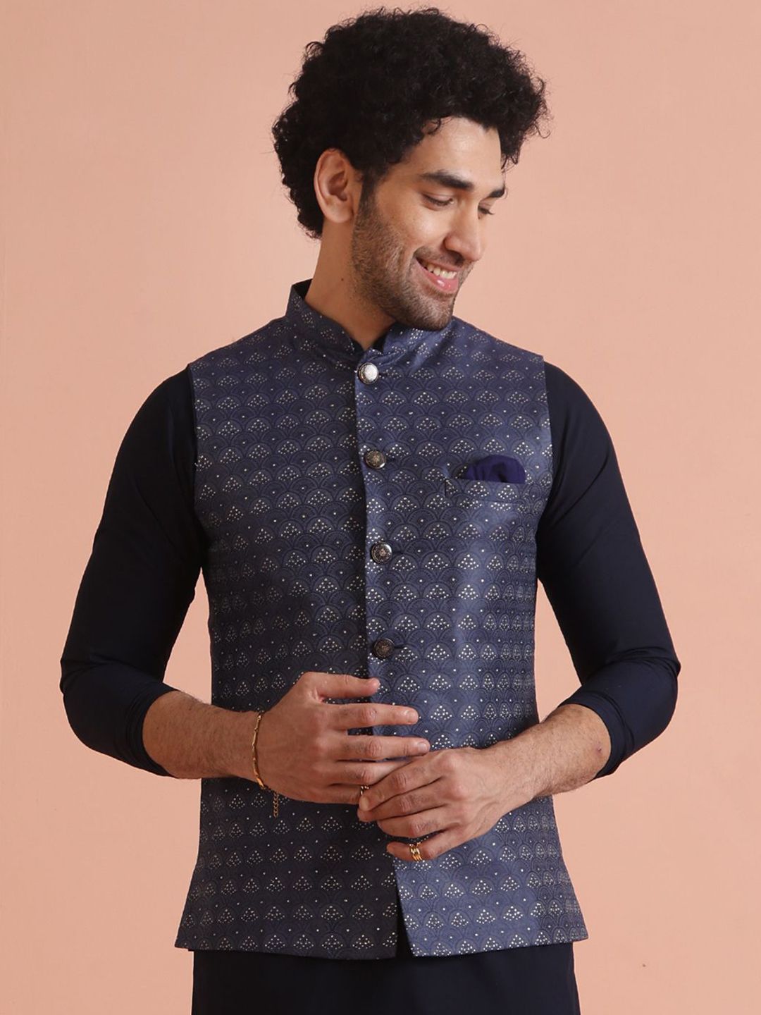 KISAH Mandarin Collar Woven Design Nehru Jacket