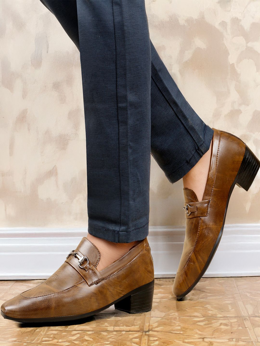 Bxxy Men 2 Inch Heel Height Increasing Formal Mocassin Slip-on Buckle Shoes