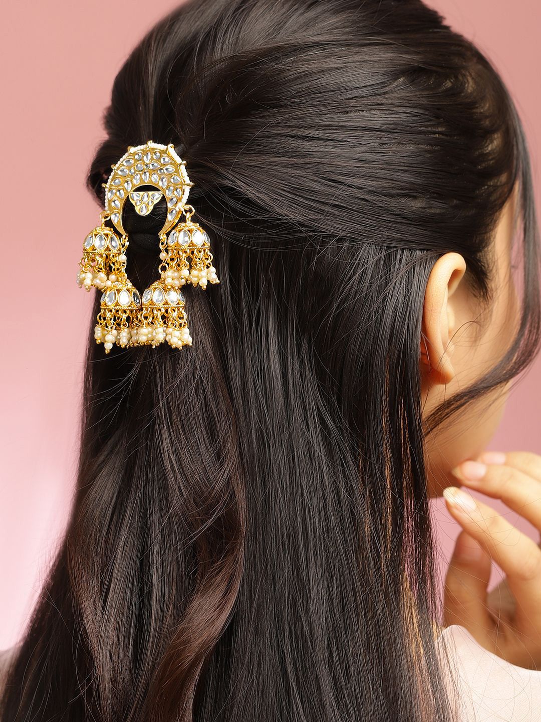 Rubans Rubans 18K Gold-Plated Crescent Kundan Hair Accessory with Pearl Beaded Jhumka Tassels