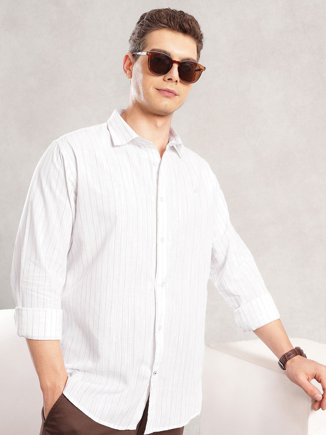 Nautica Men Striped Cotton Linen Regular Fit Shirt