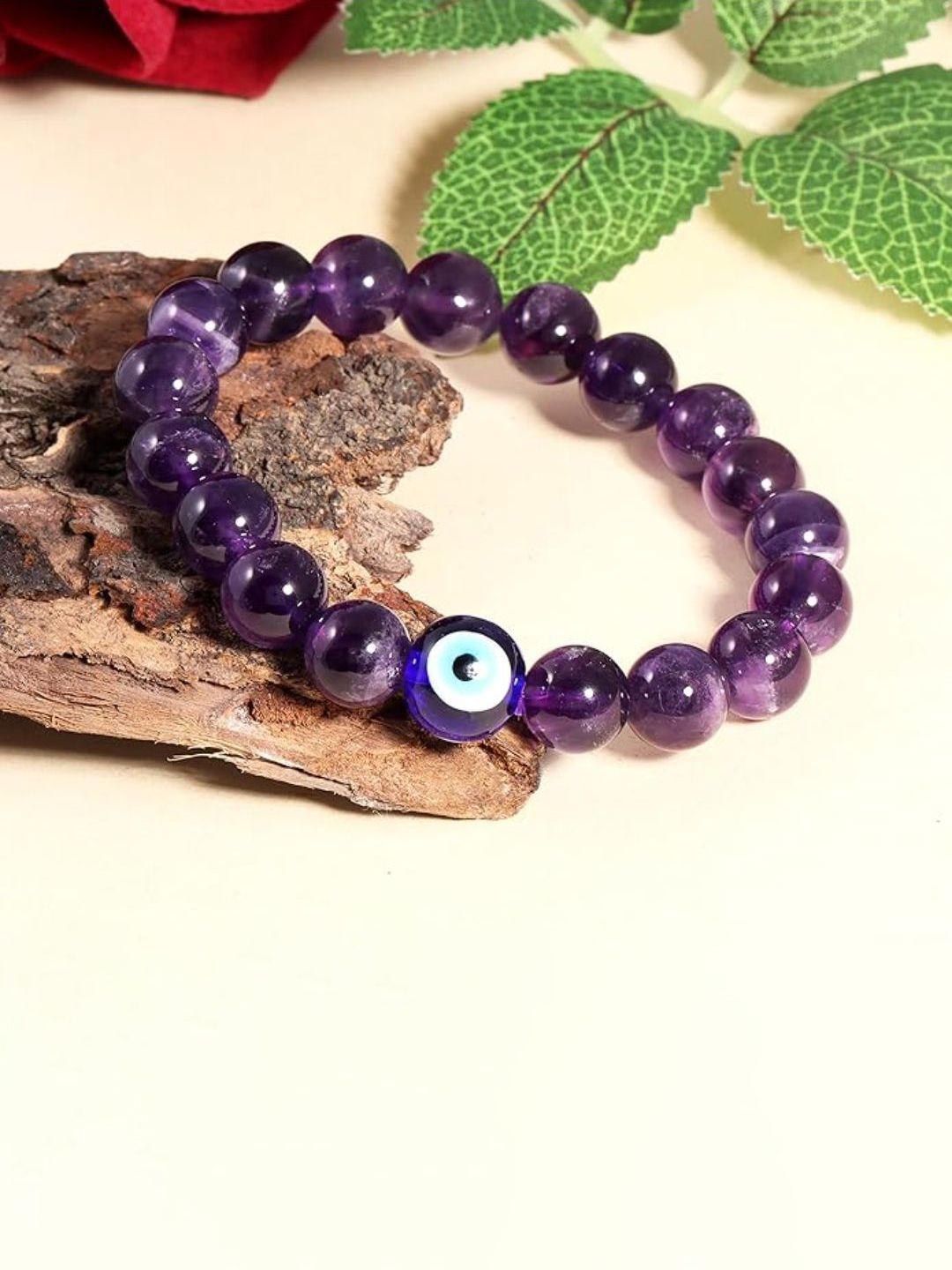 NVR Unisex Amethyst & Evil Eye Beaded Elasticated Bracelet