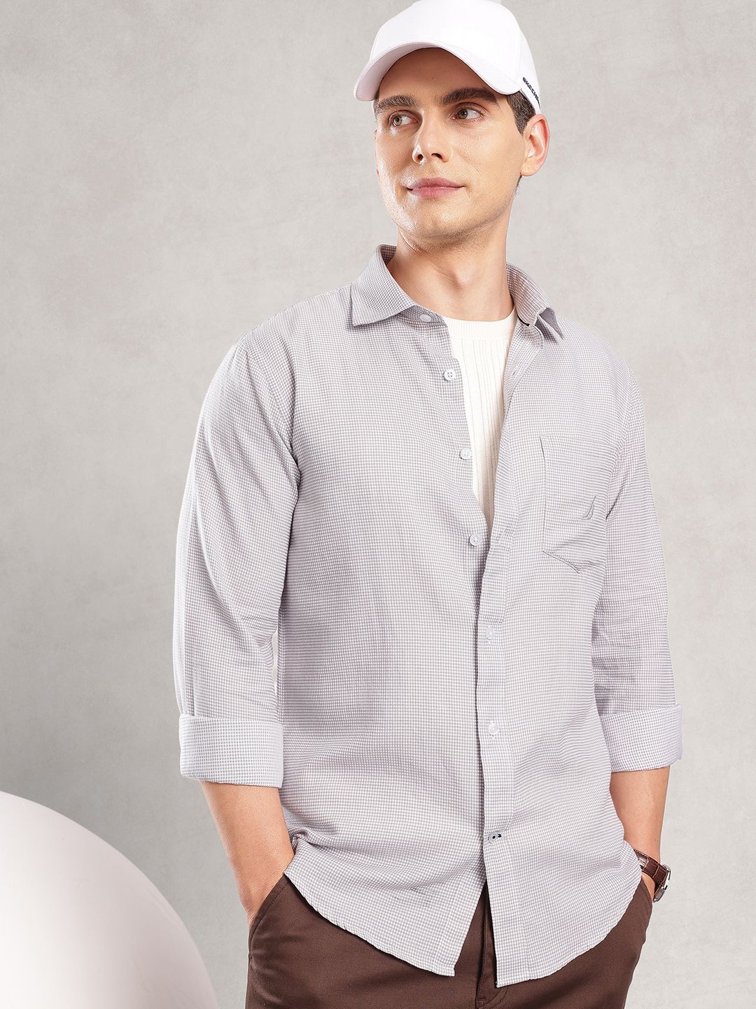 Nautica Men Pure Cotton Micro Checks Slim Fit Shirt