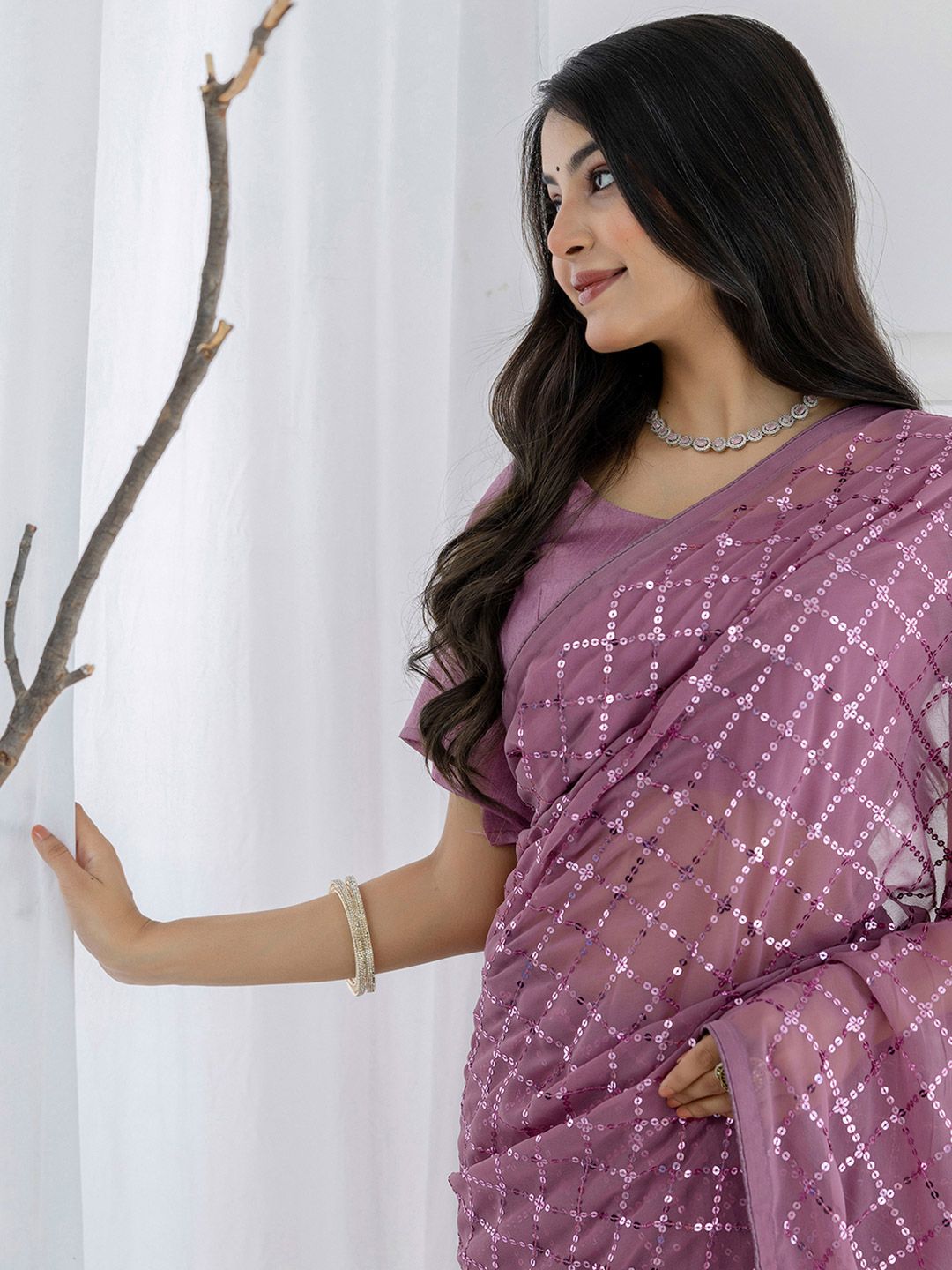 Satrani Solid Embellished Sequinned Pure Georgette Ready to Wear Saree