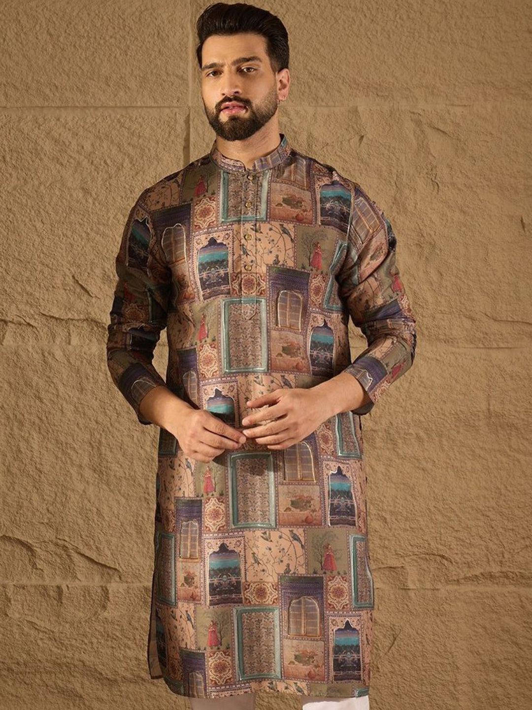 House of Pataudi Ethnic Motifs Printed Mandarin Collar Long Sleeves Straight Kurta
