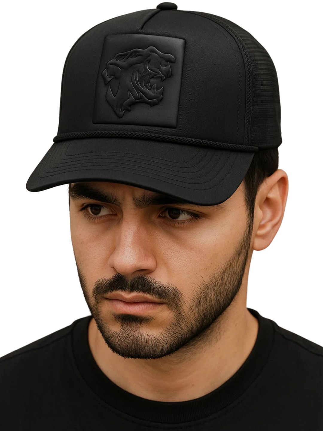 The Tie Hub Tiger Patch Embossed Unisex Adjustable Snapback Black Trucker Cap