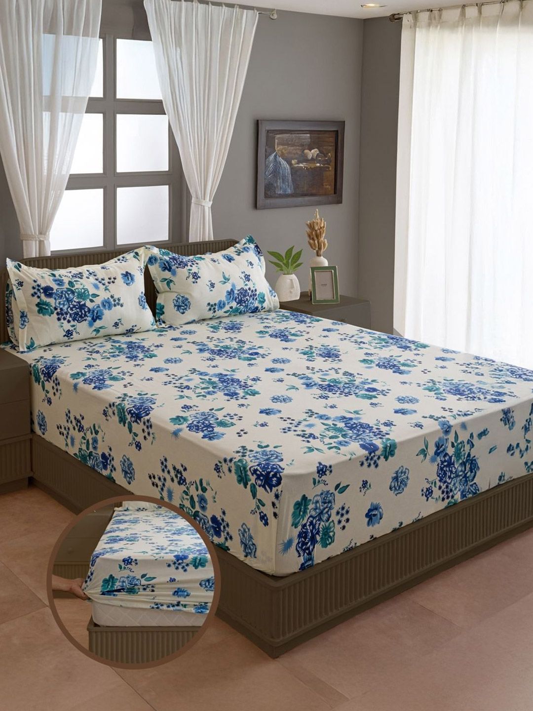 SWAYAM SWAYAM Veda Blue Floral Cotton 160 TC Fitted King Bedsheet with 2 Pillow Covers-108 x 108 inches