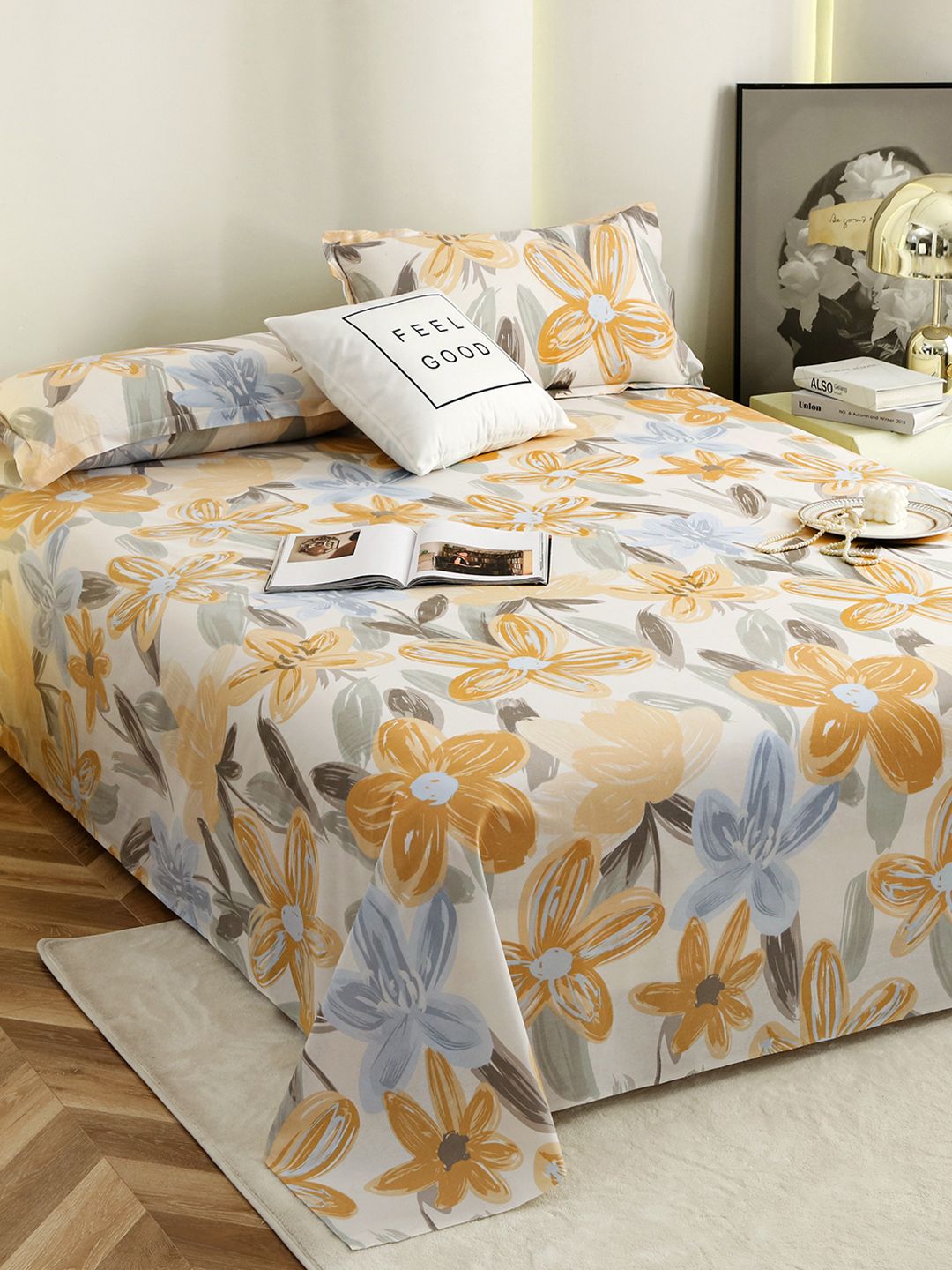 Story@home Story@home Yellow Grey Floral Cotton 186 TC Queen Bedsheet with Pillow Covers - 88x100 In