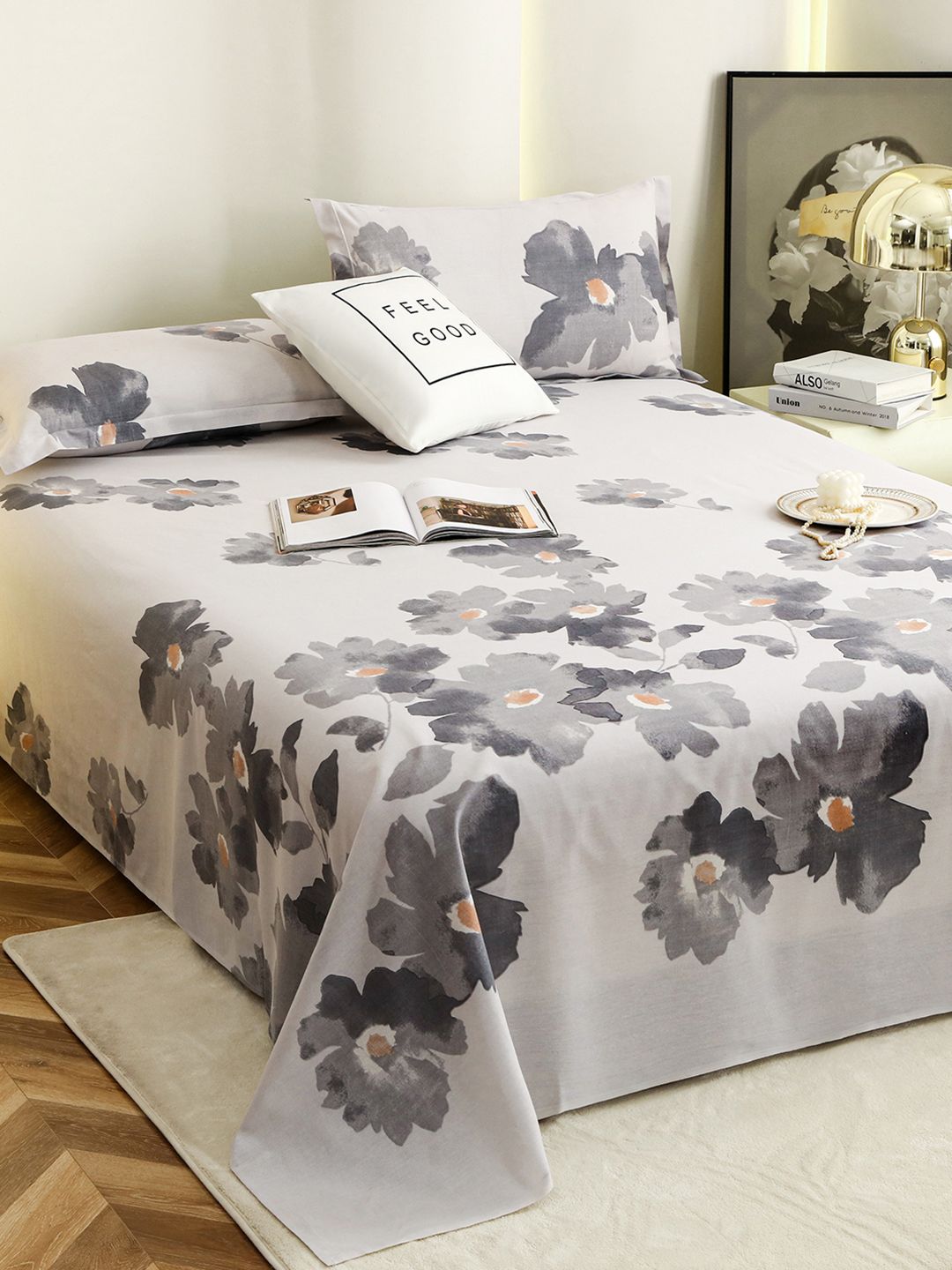 Story@home Story@home White & Grey Floral Cotton 186 TC Queen Bedsheet with Pillow Covers - 88x100 In