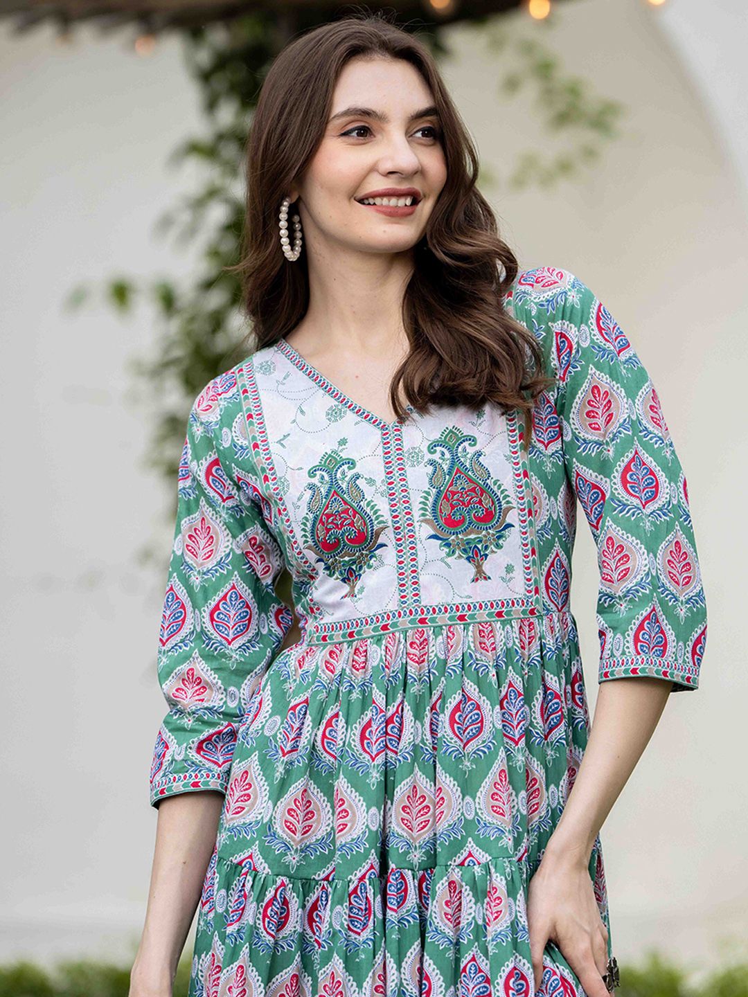 ◇未使用◇Ethnic Print Gather Sleeve Dress Buy Mizaz Printed Pure Cotton V-Neck Fit & Flared Ethnic Dress
