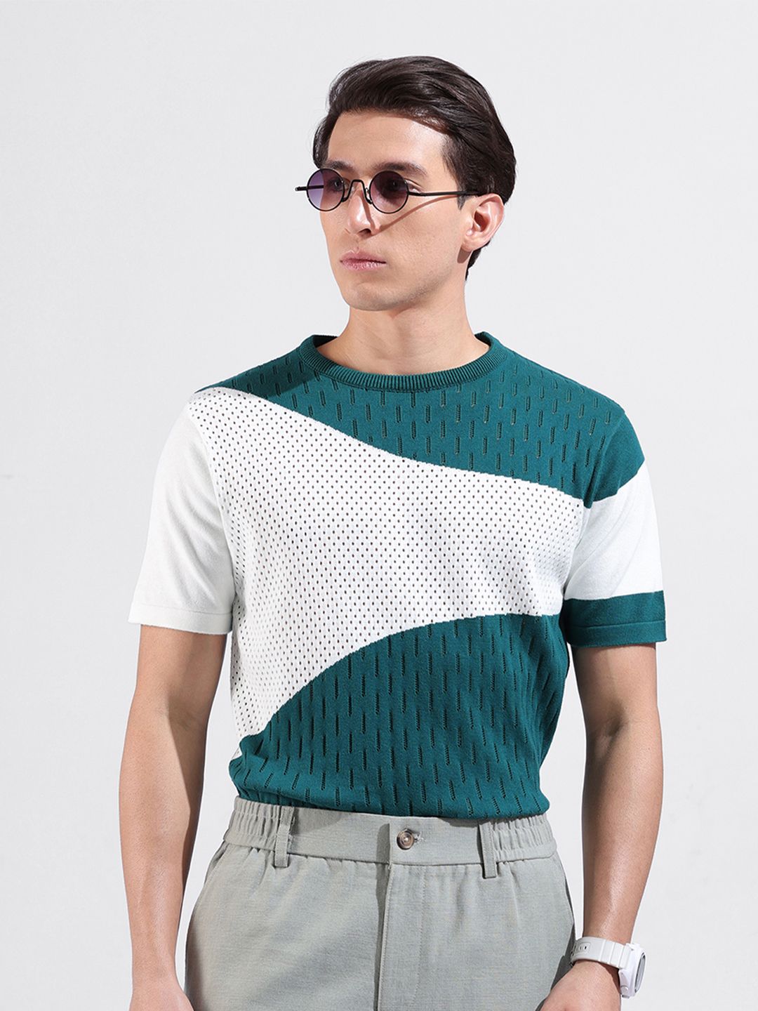 The Indian Garage Co Men Flat Knit Textured Regular Fit T-shirt
