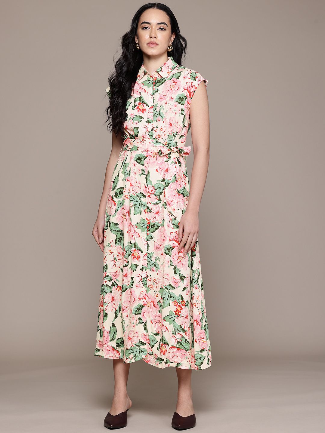 Floral Print Shirt Style Belted Midi Dress