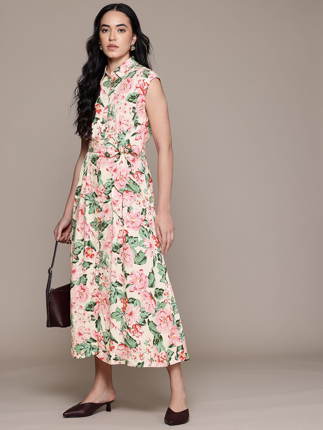 Floral Print Shirt Style Belted Midi Dress