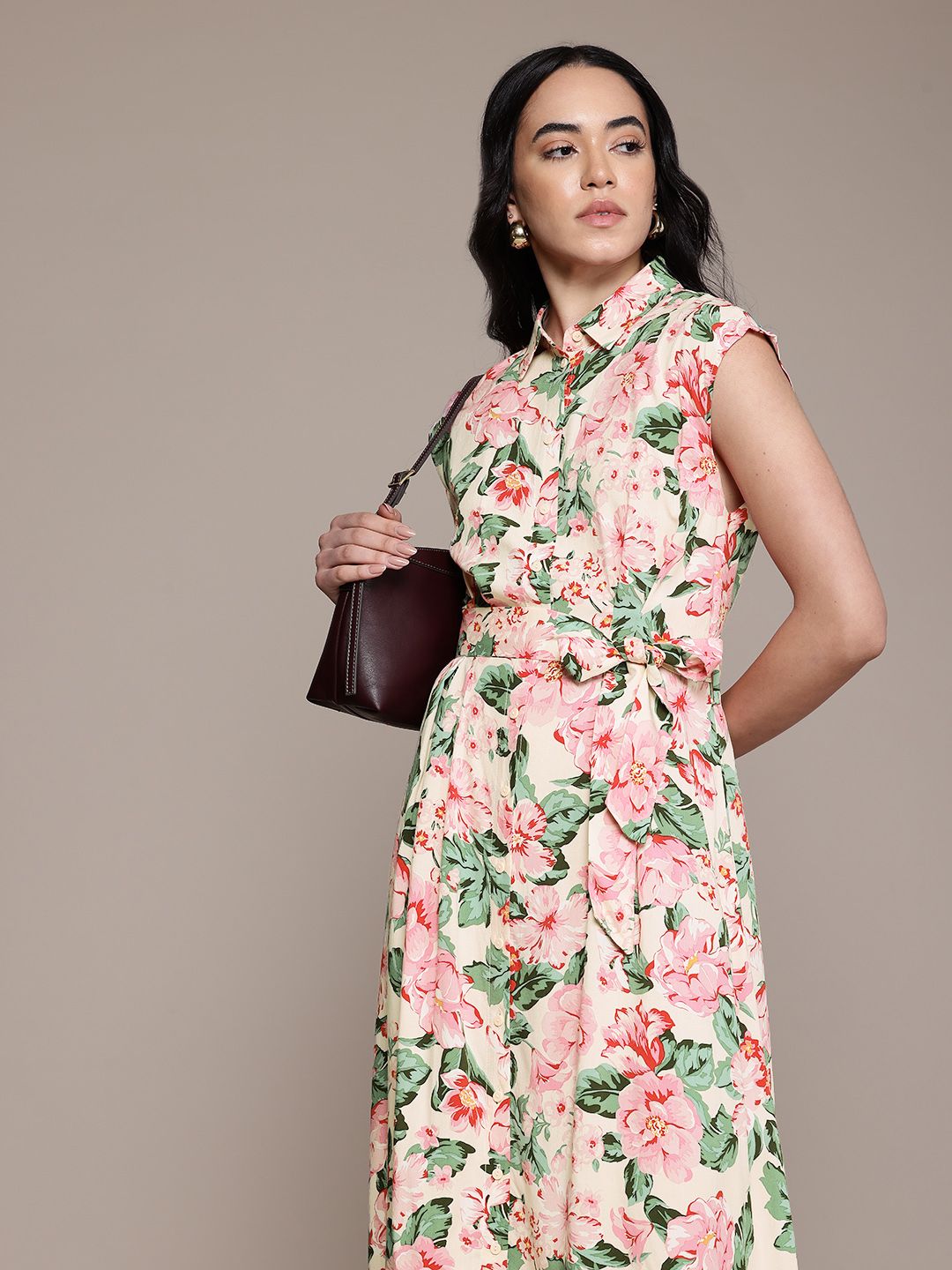 Floral Print Shirt Style Belted Midi Dress