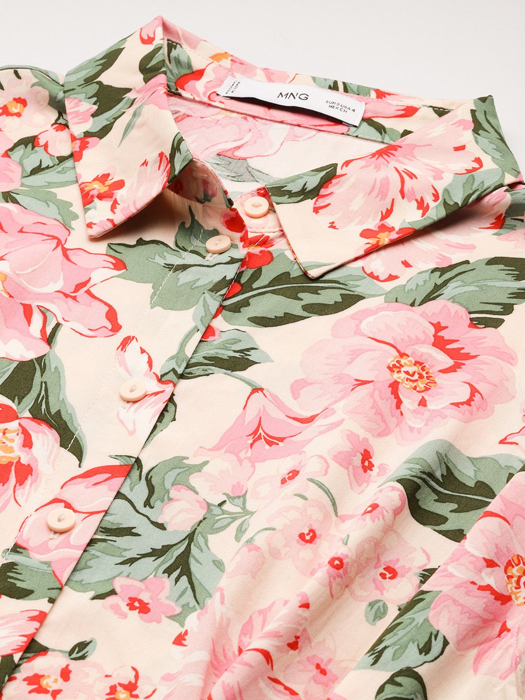 Floral Print Shirt Style Belted Midi Dress