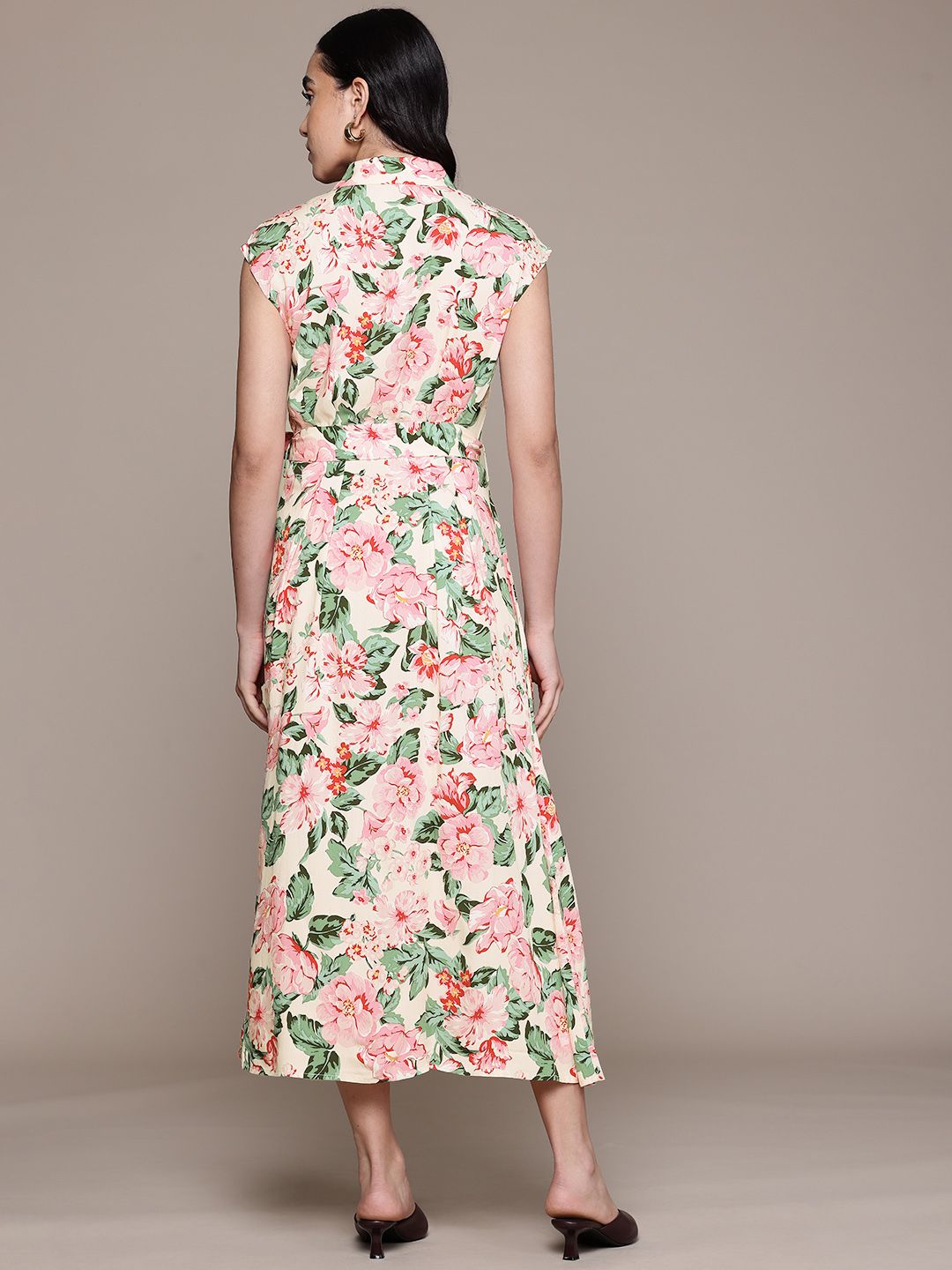 Floral Print Shirt Style Belted Midi Dress