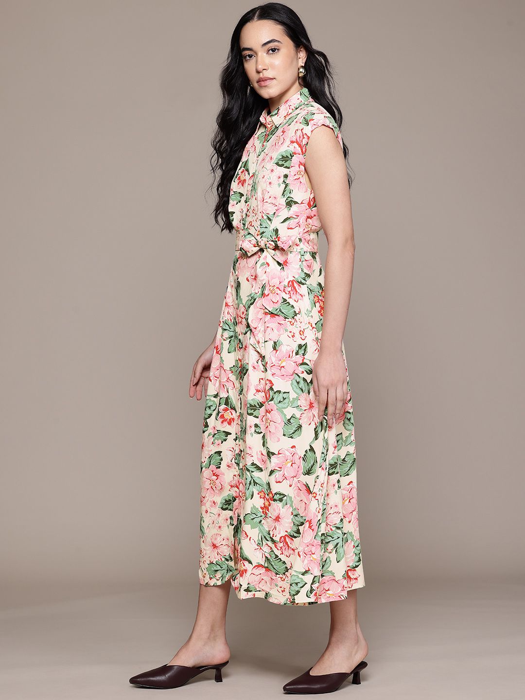 Floral Print Shirt Style Belted Midi Dress