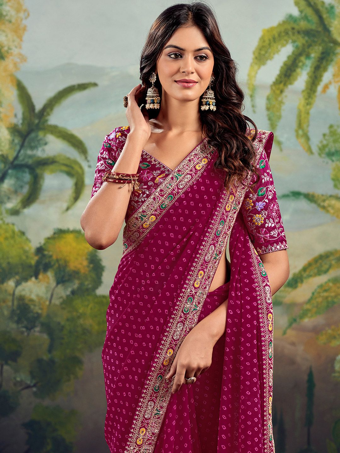 Satrani Bandhani Sequinned Pure Georgette Saree