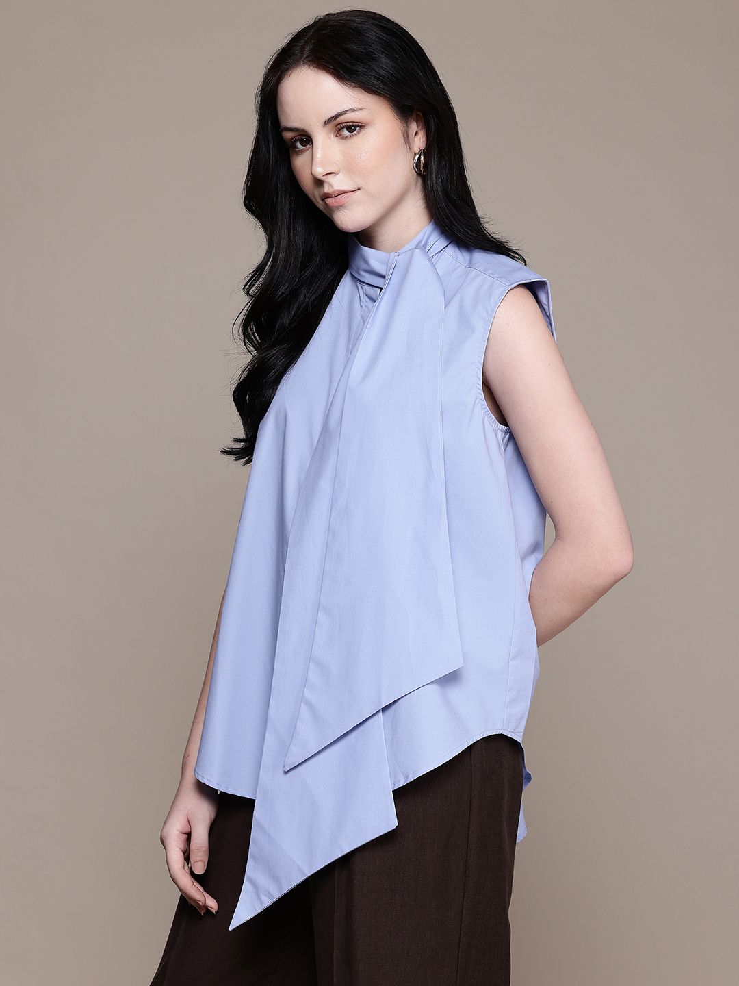 Scarf Neck Pure Cotton Relaxed Fit Shirt Style Draped Top
