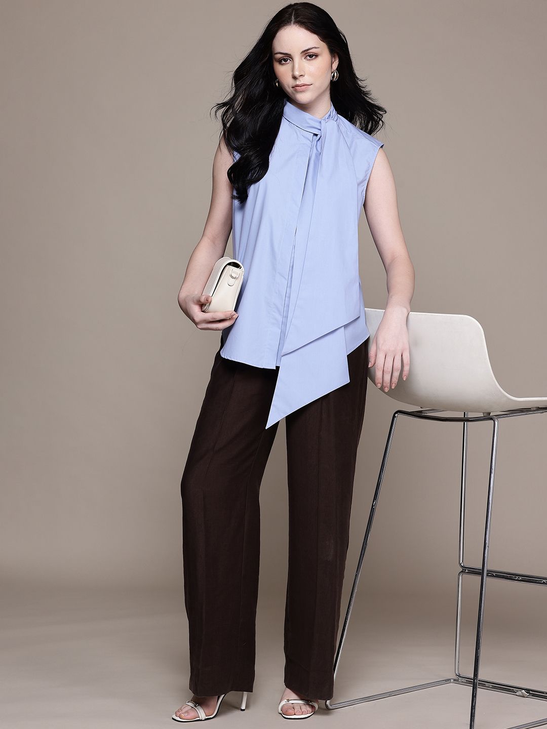 Scarf Neck Pure Cotton Relaxed Fit Shirt Style Draped Top