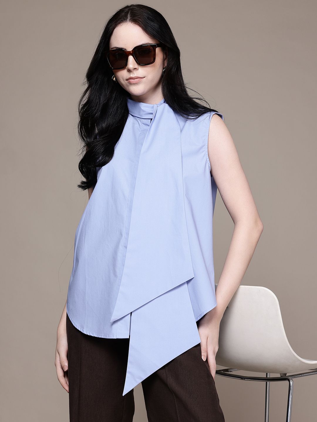 Scarf Neck Pure Cotton Relaxed Fit Shirt Style Draped Top