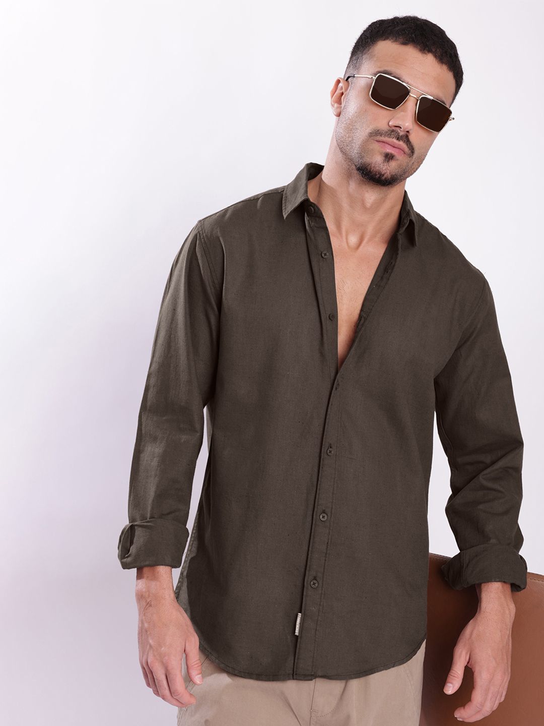 Bene Kleed Men Spread Collar Cotton Linen Regular Fit Casual Shirt