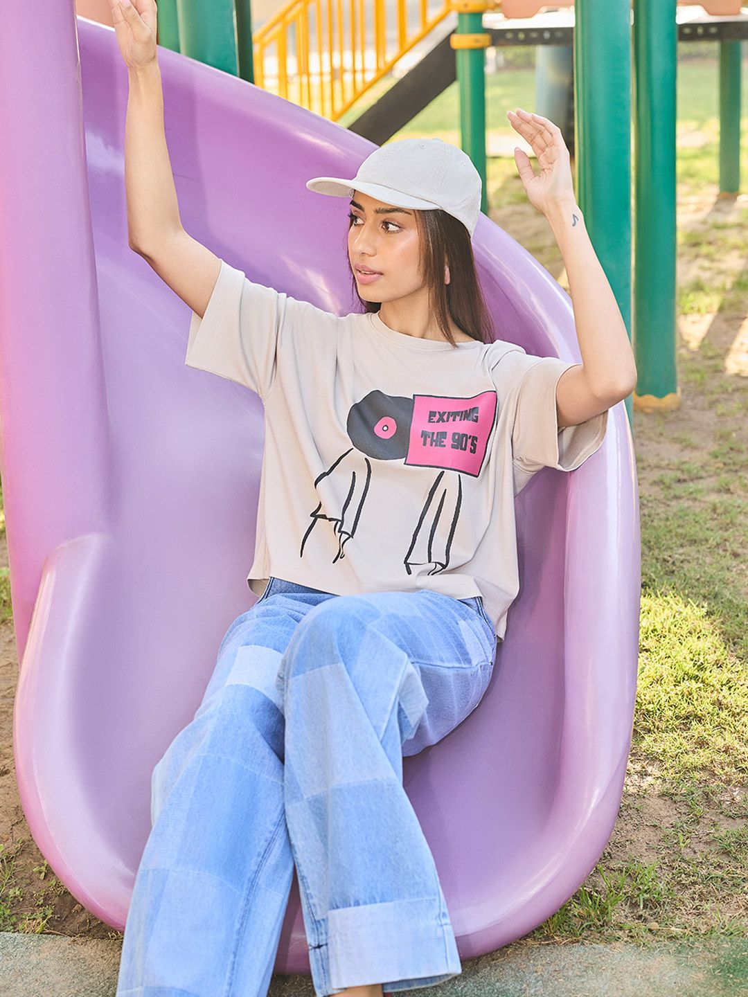 Crimsoune Club Women Graphic Printed Slim Fit Drop Shoulder Sleeves T-shirt