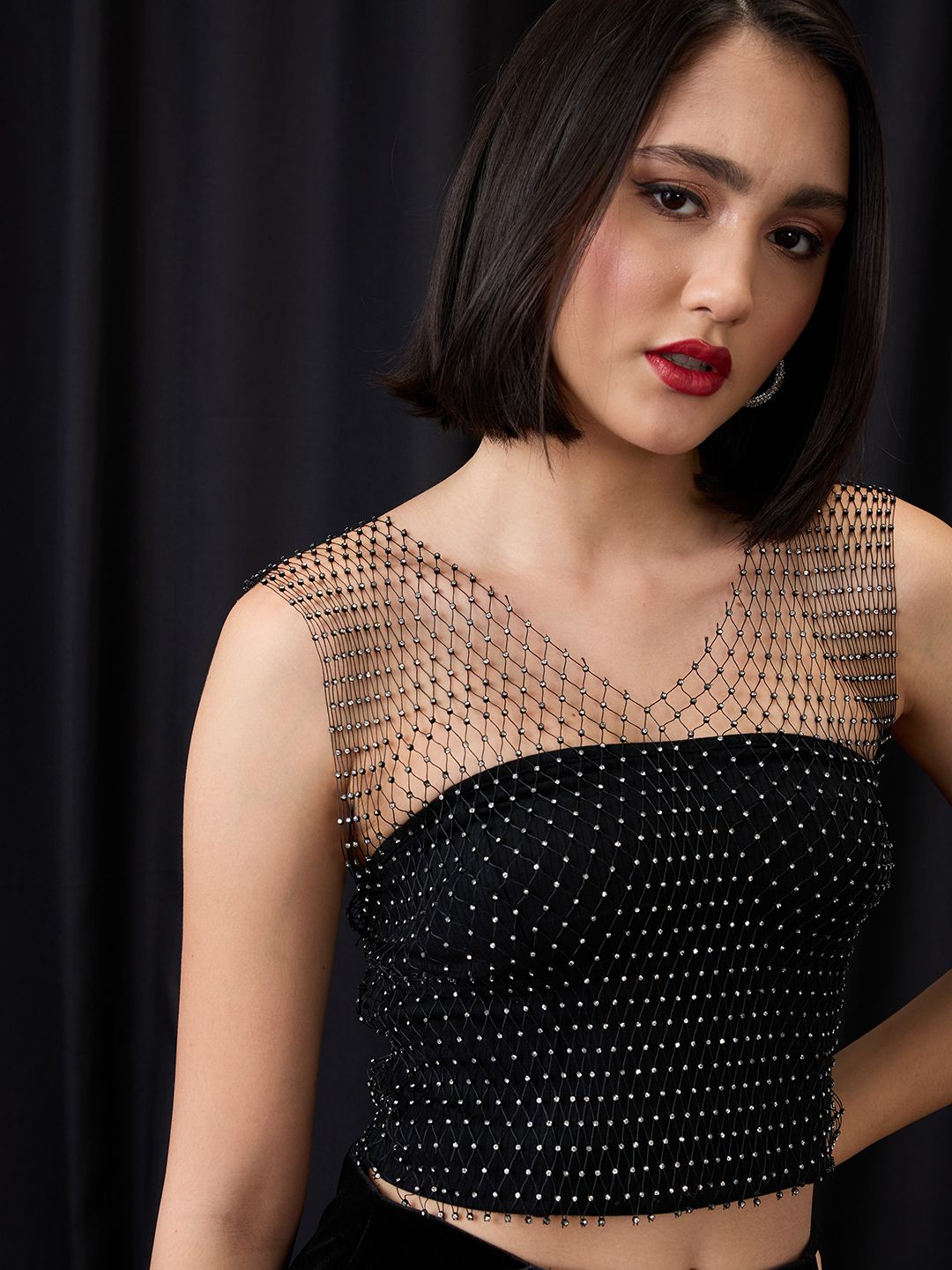 Buy Globus Rhinestone Embellished V-Neck Sheer Party Crop Top