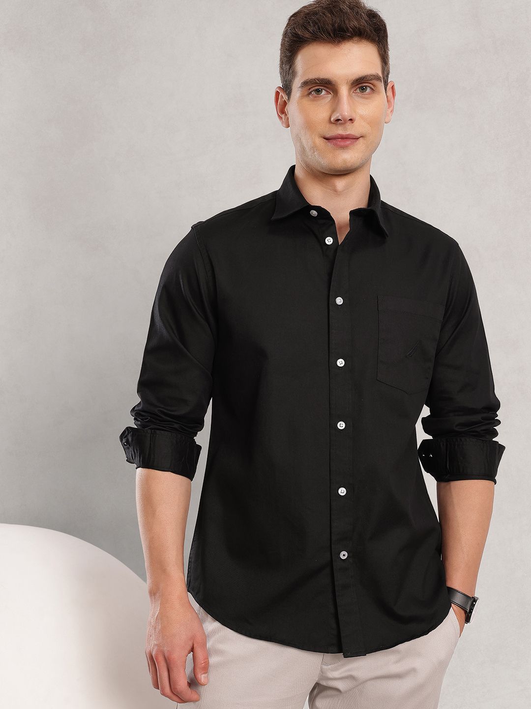Nautica Men Premium Cotton Slim Fit Casual Solid Shirt