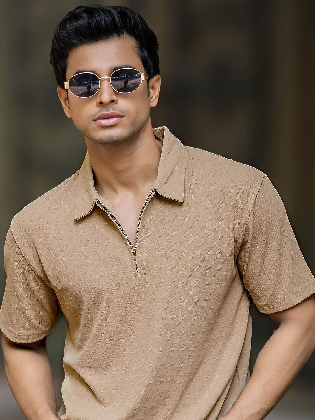 Maniac Men Self Design Polo Collar Slim Fit T-shirt