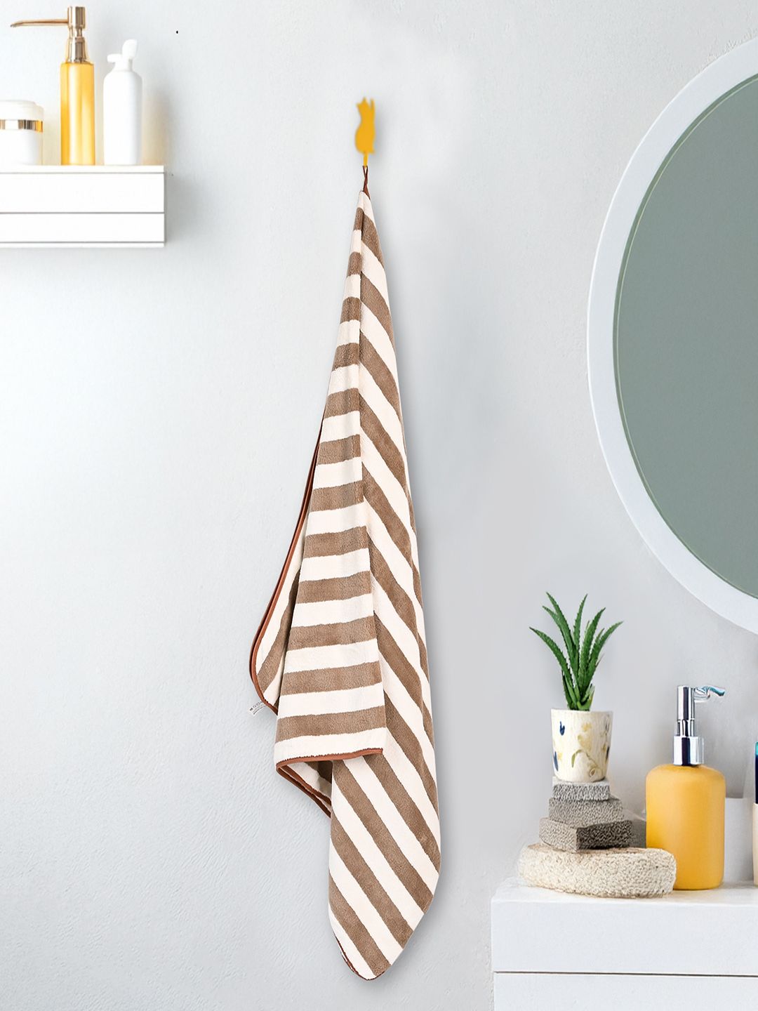 MARKET99 Brown & White Striped 300 GSM Bath Towel