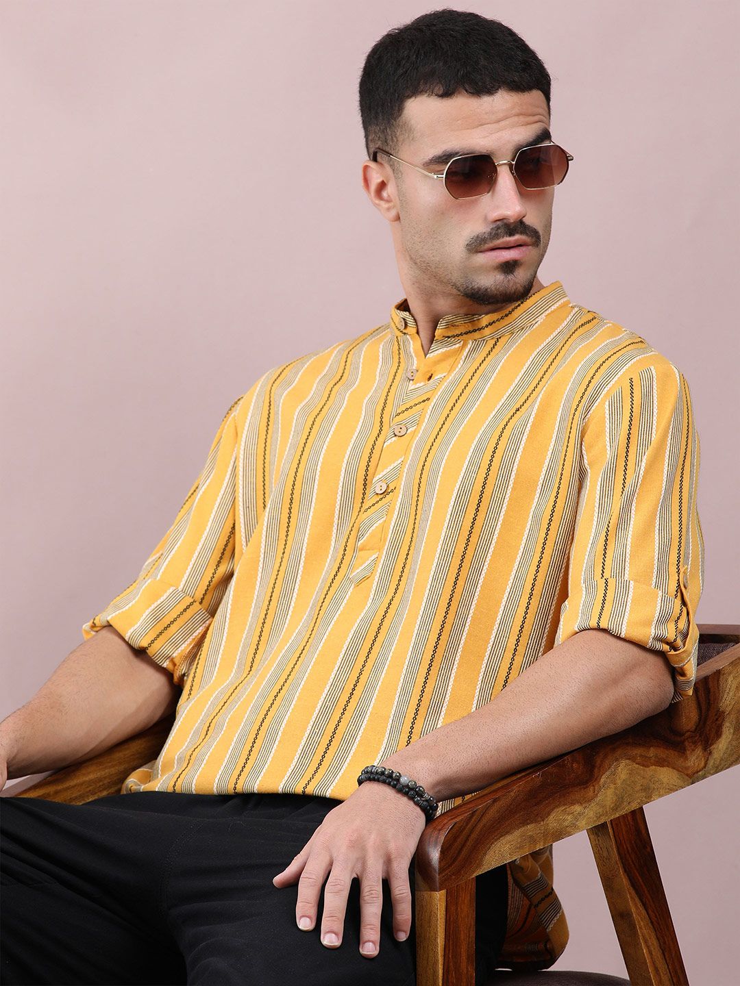 FILORI STUDIO Men Striped Mandarin Collar Kurta