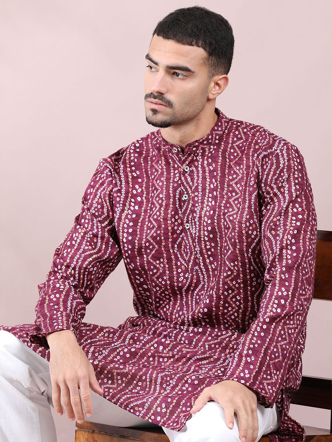 FILORI STUDIO Bandhani Printed Mandarin Collar Pure Cotton Straight Kurta