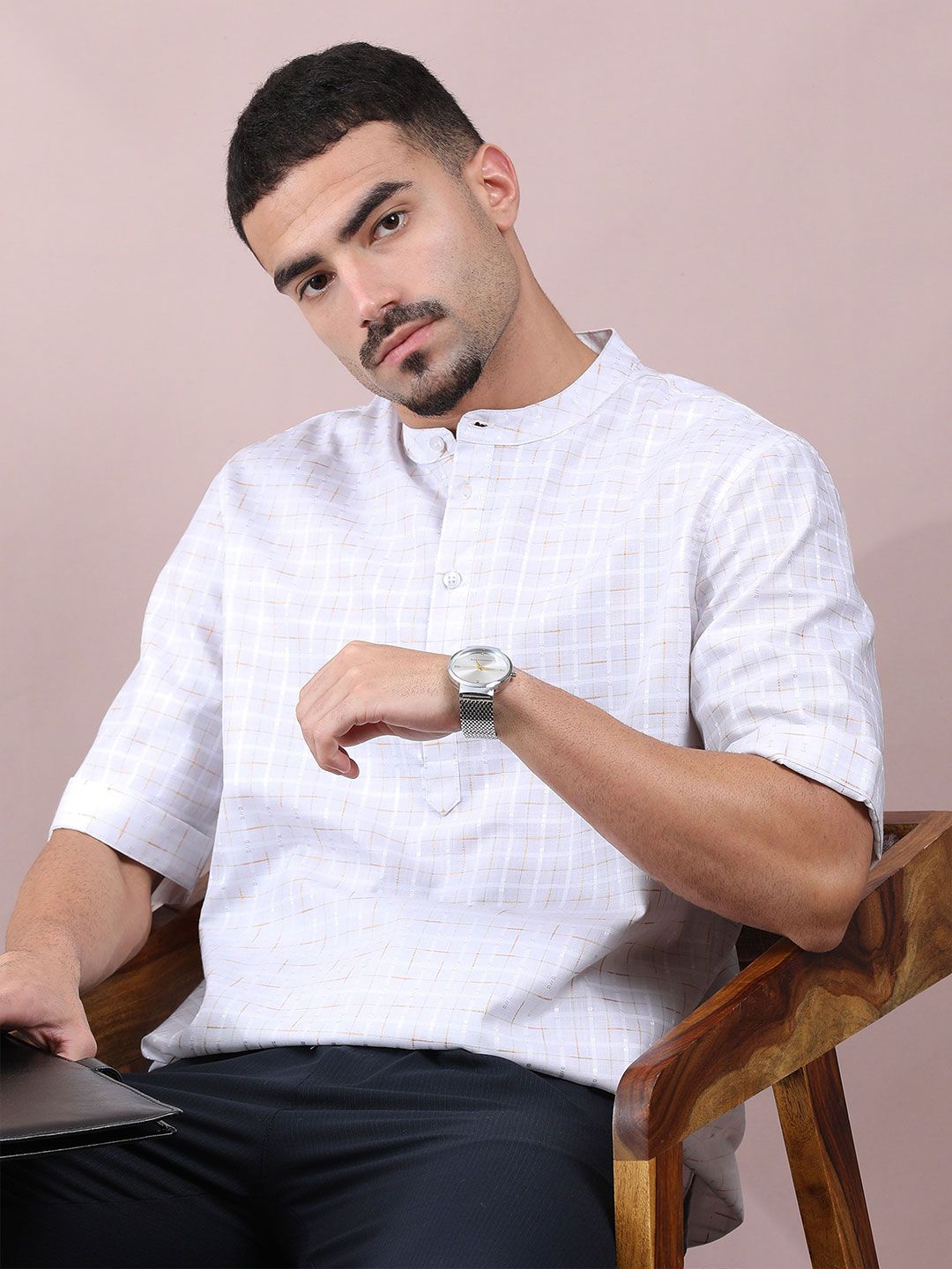 FILORI STUDIO Men Checked Mandarin Collar Short Kurta