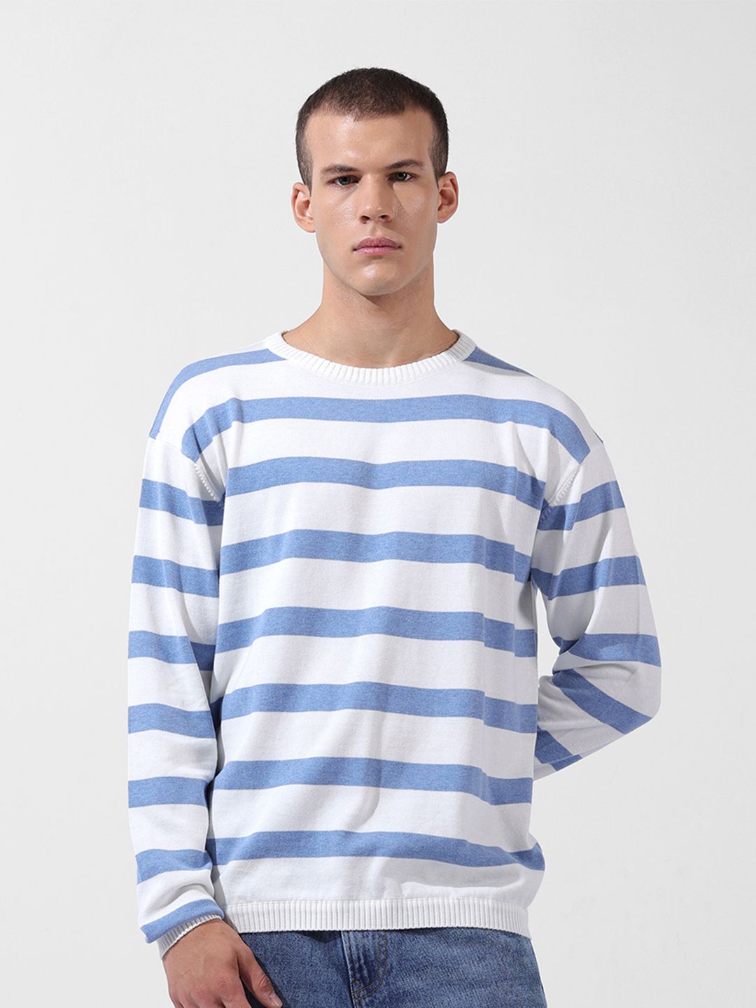 The Indian Garage Co Men Flat Knit Oversized Striped T-Shirt