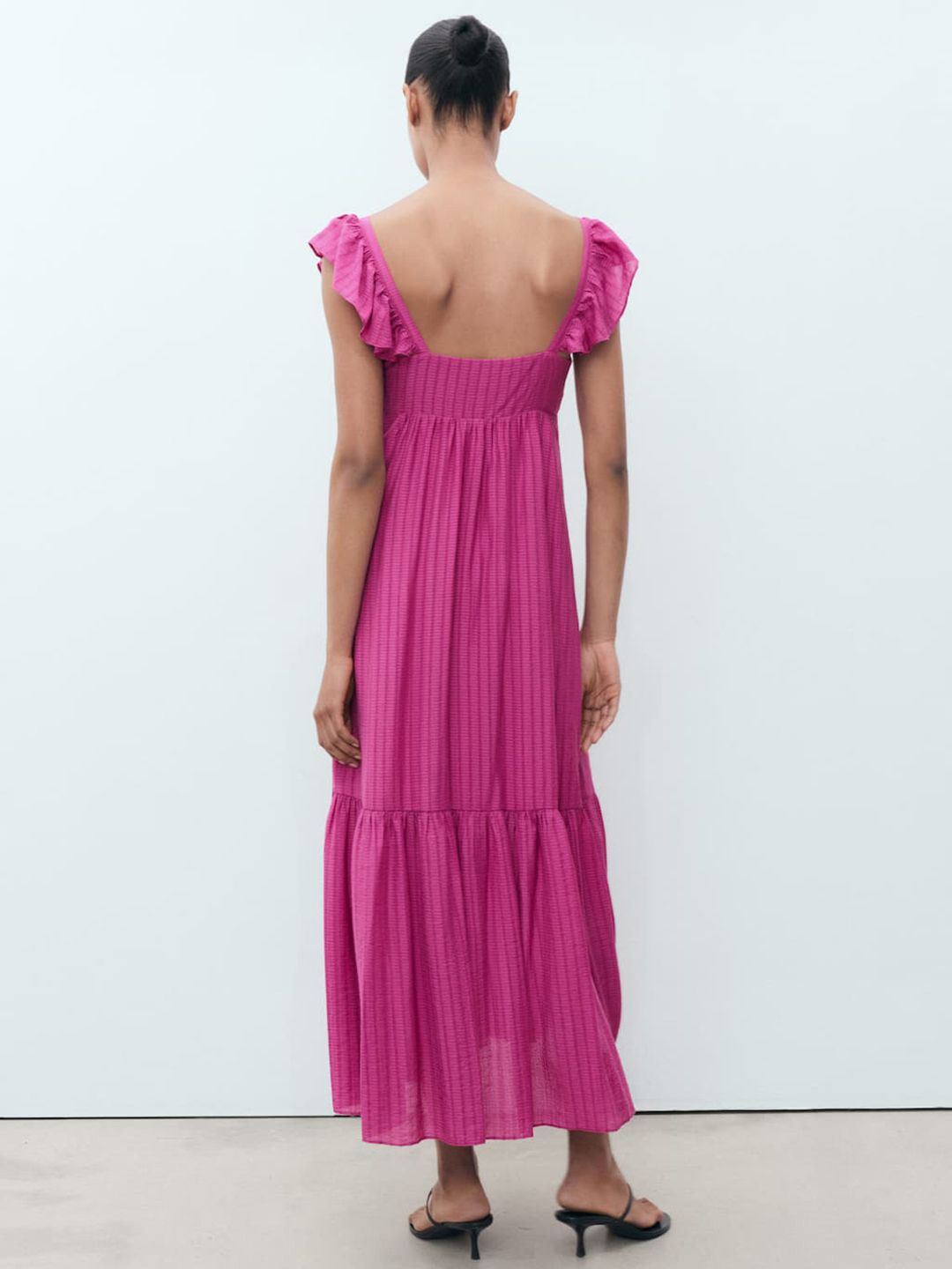 Self-Striped Flutter Sleeve Ruffled Empire Midi Dress