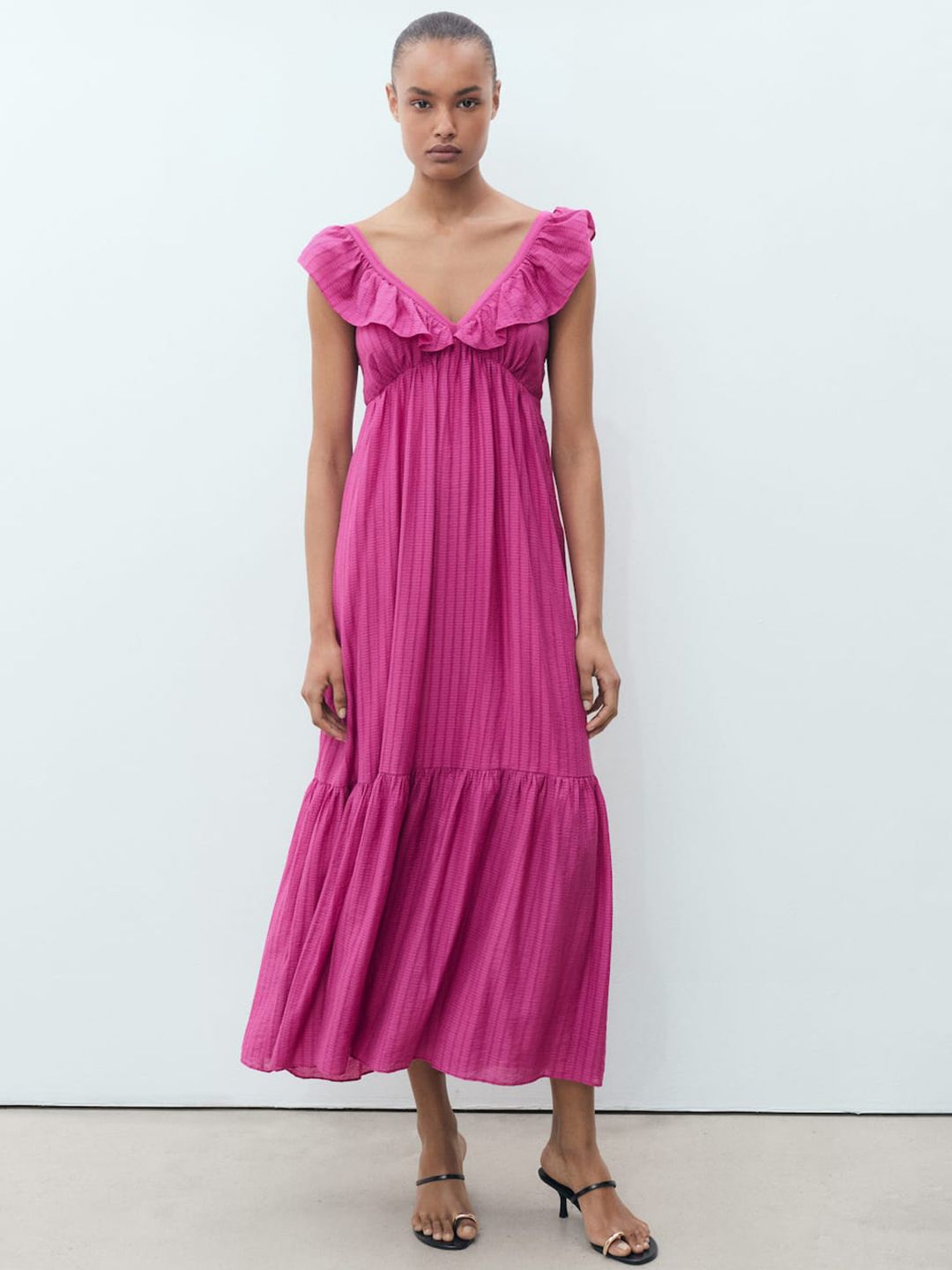 Self-Striped Flutter Sleeve Ruffled Empire Midi Dress