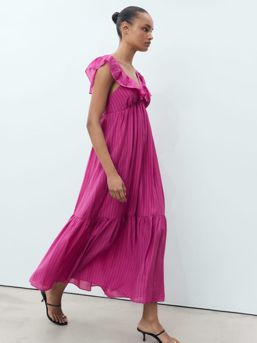 Self-Striped Flutter Sleeve Ruffled Empire Midi Dress